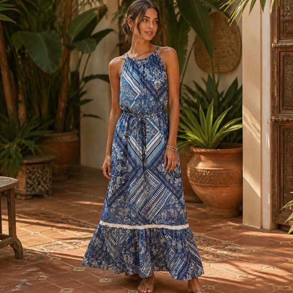 Lucky Brand Women's Blue Paisley Bandana Print Halter Neck Maxi Dress